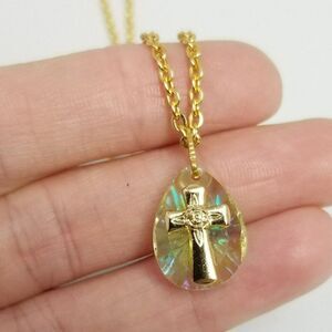 Vintage Yellow Iridescent Cross Pendant Necklace, Gold Tone Chain, Estate